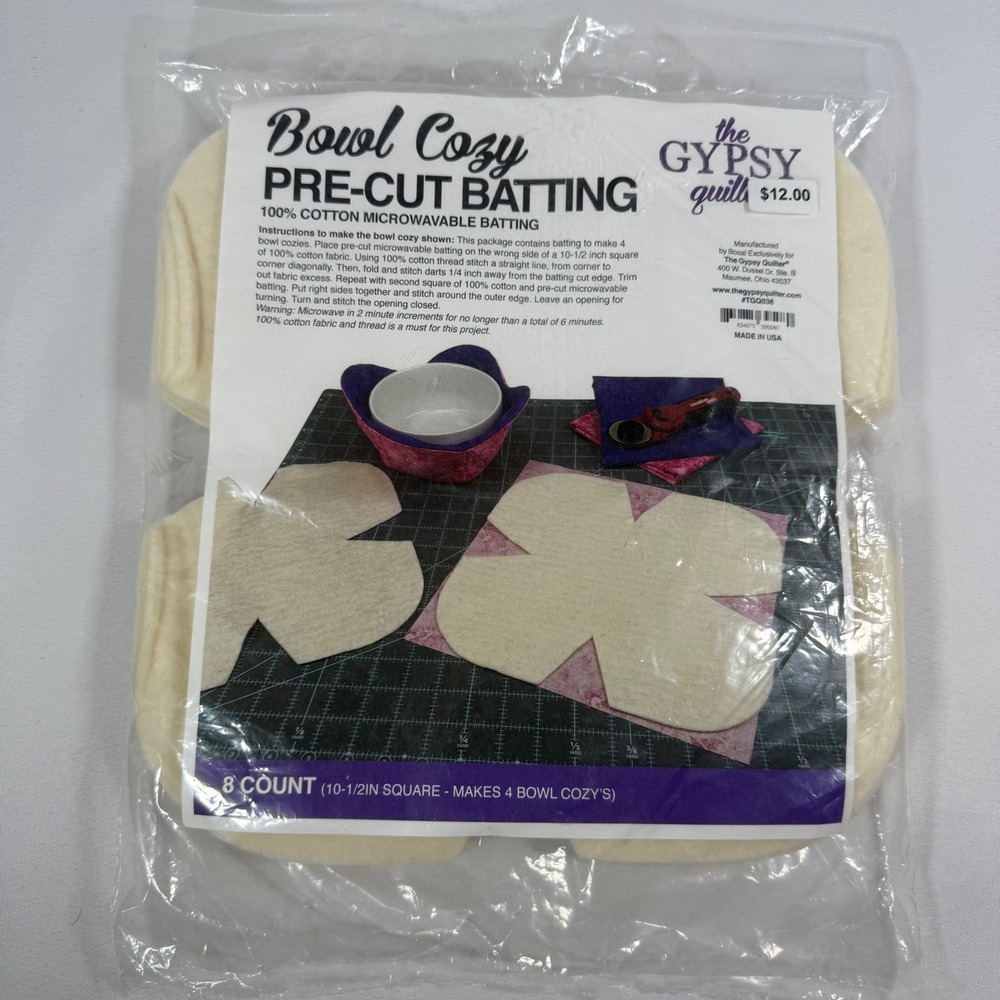 The Gypsy Quilter Bowl Cozy Pre-Cut Batting 100% Cotton 8 Count Made in USA NIB